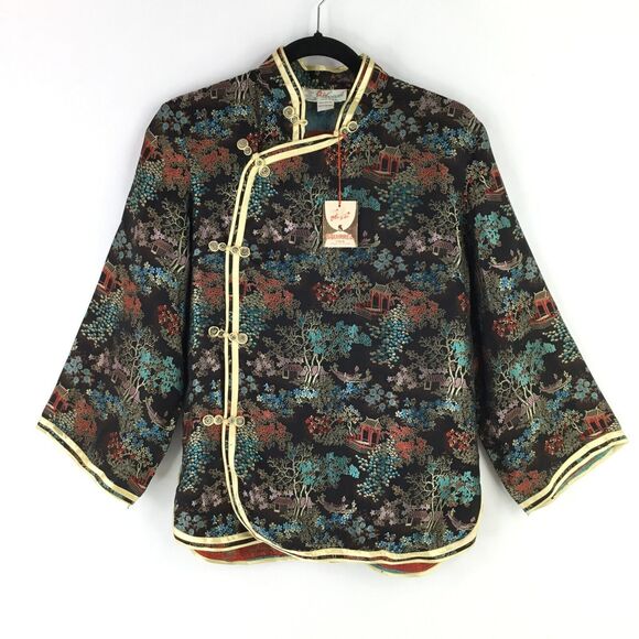 Vintage Solz Squirrel Satin Asian Jacket Womens sz L Black Multi 3/4 Sleeve NEW - Picture 5 of 11